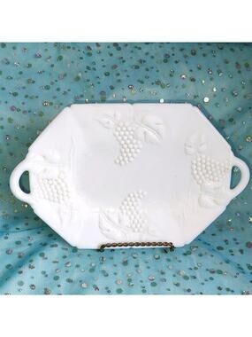 FOSTORIA Vintage Milk Glass Tray Embossed Grapes & Leaves White Tray